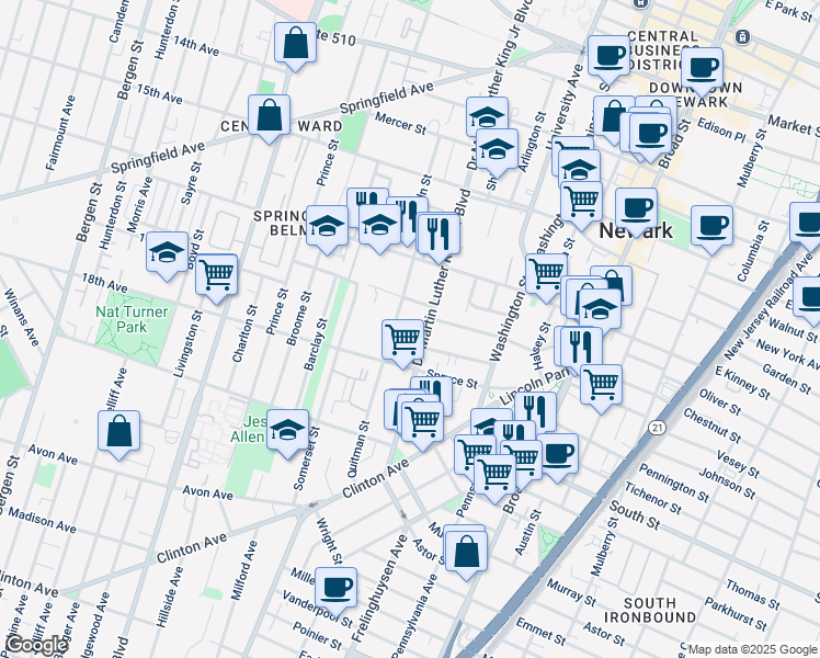 map of restaurants, bars, coffee shops, grocery stores, and more near 74b Quitman Street in Newark
