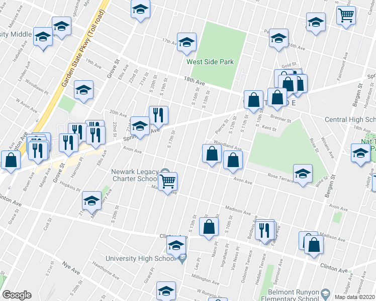 map of restaurants, bars, coffee shops, grocery stores, and more near 439 Avon Avenue in Newark