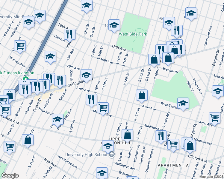 map of restaurants, bars, coffee shops, grocery stores, and more near 439 Avon Avenue in Newark