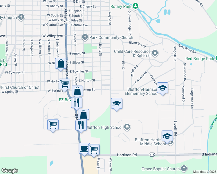 map of restaurants, bars, coffee shops, grocery stores, and more near 500 East Spring Street in Bluffton