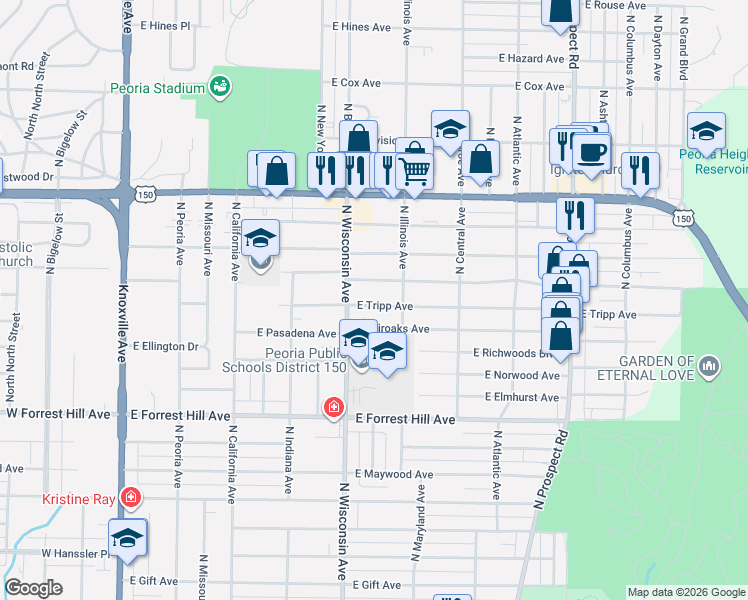 map of restaurants, bars, coffee shops, grocery stores, and more near 717 East Fairoaks Avenue in Peoria
