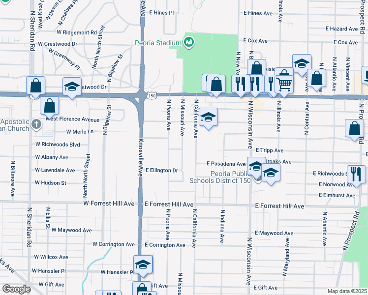 map of restaurants, bars, coffee shops, grocery stores, and more near 3317 North Missouri Avenue in Peoria