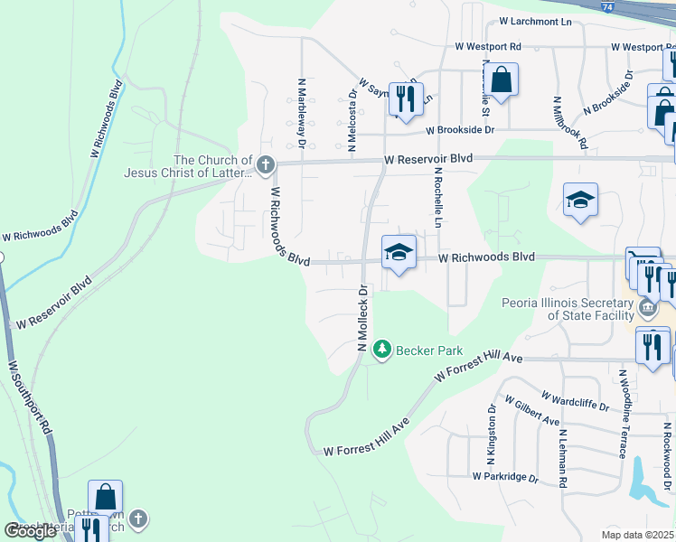 map of restaurants, bars, coffee shops, grocery stores, and more near 3425 Villa Ridge in Peoria