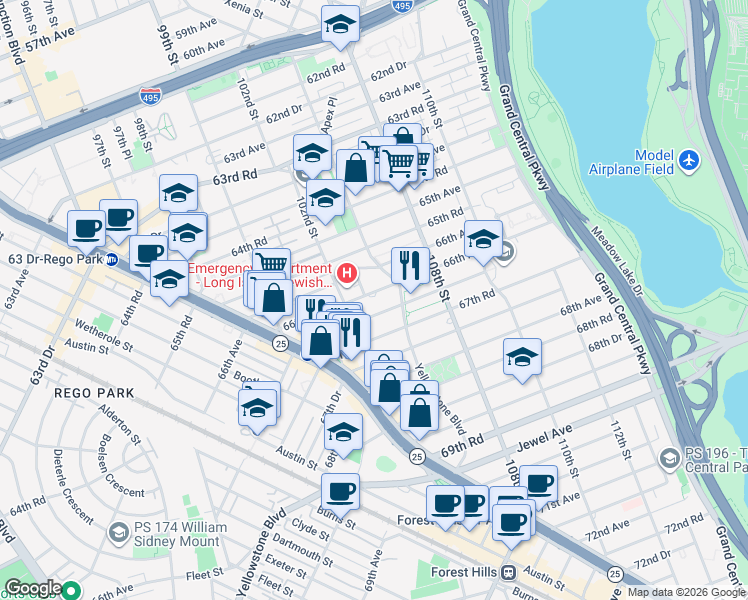 map of restaurants, bars, coffee shops, grocery stores, and more near 102-31 67th Avenue in Queens