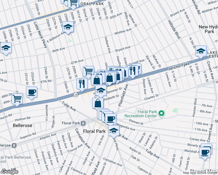 map of restaurants, bars, coffee shops, grocery stores, and more near 34 Spooner Street in Floral Park
