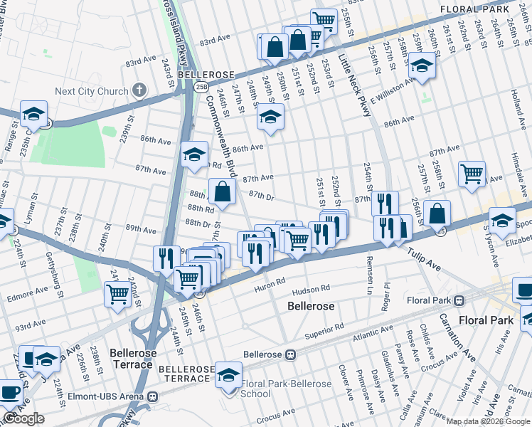 map of restaurants, bars, coffee shops, grocery stores, and more near 248-35 88th Drive in Queens