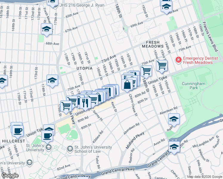 map of restaurants, bars, coffee shops, grocery stores, and more near 75-71 182nd Street in Queens