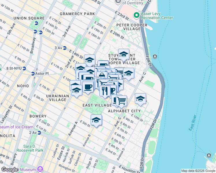map of restaurants, bars, coffee shops, grocery stores, and more near 529 East 12th Street in New York