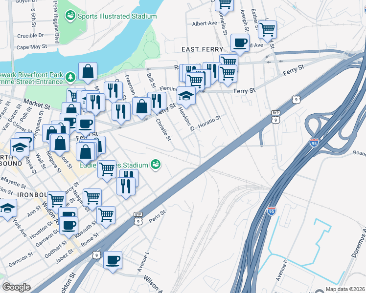 map of restaurants, bars, coffee shops, grocery stores, and more near 135 Christie Street in Newark