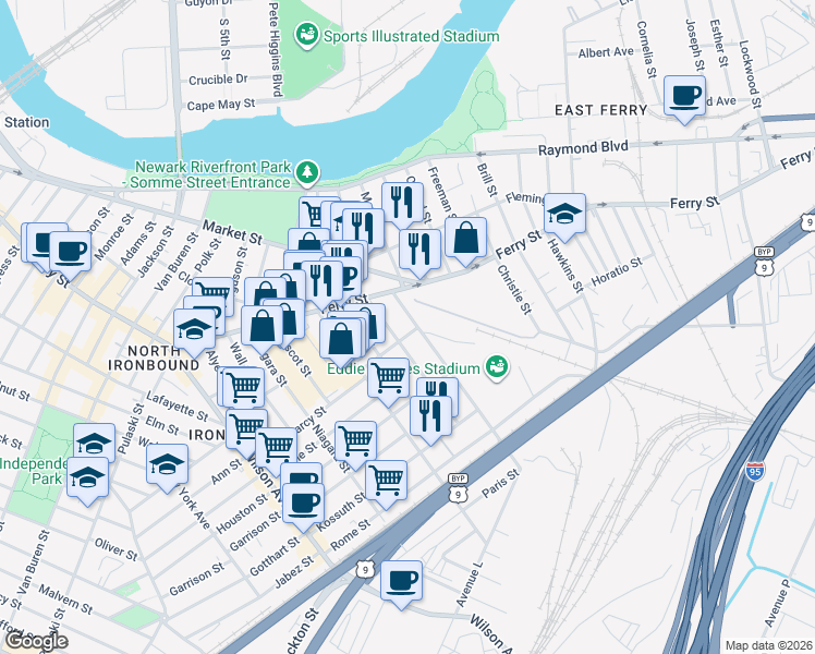 map of restaurants, bars, coffee shops, grocery stores, and more near 45 Saint Francis Street in Newark