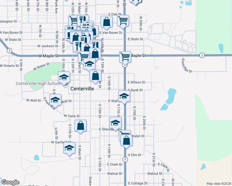 map of restaurants, bars, coffee shops, grocery stores, and more near 501-599 East Wall Street in Centerville