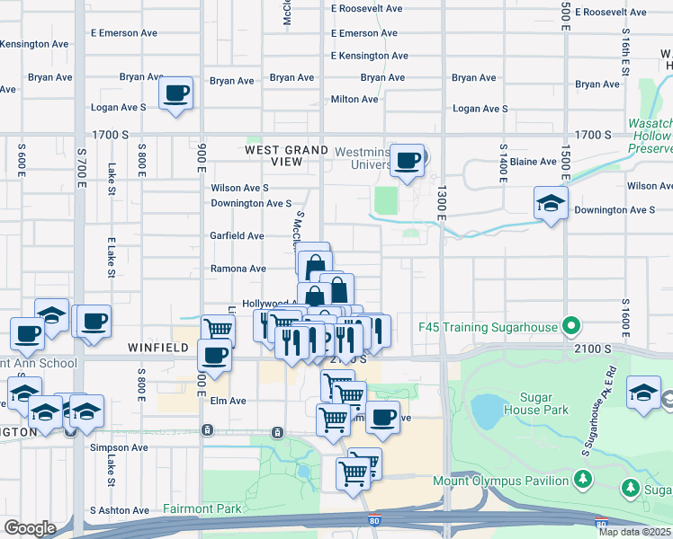 map of restaurants, bars, coffee shops, grocery stores, and more near 1943 1100 East in Salt Lake City