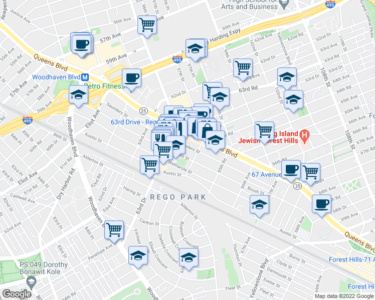 map of restaurants, bars, coffee shops, grocery stores, and more near 94-19 64th Road in Queens