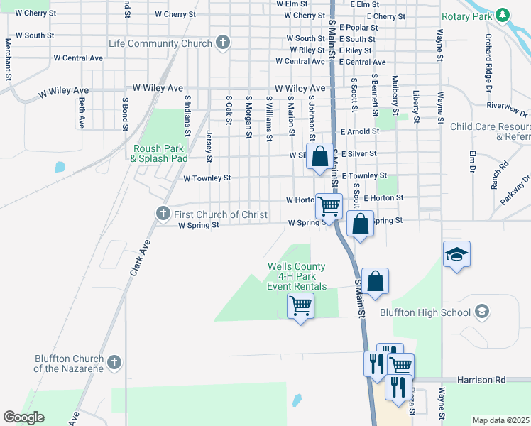 map of restaurants, bars, coffee shops, grocery stores, and more near 452-498 W Spring St in Bluffton