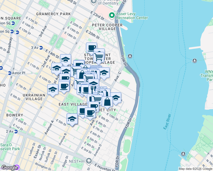 map of restaurants, bars, coffee shops, grocery stores, and more near 641 East 13th Street in New York