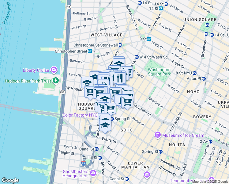 map of restaurants, bars, coffee shops, grocery stores, and more near 29 King Street in New York