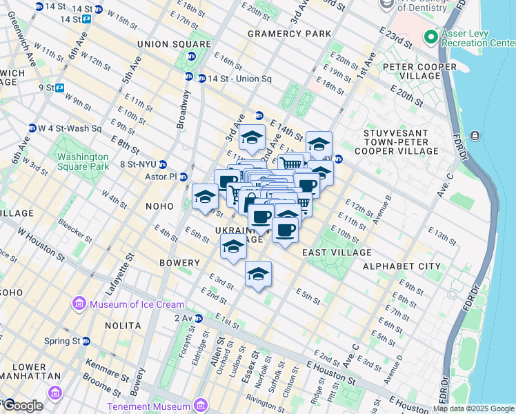map of restaurants, bars, coffee shops, grocery stores, and more near 69 Saint Marks Place in New York