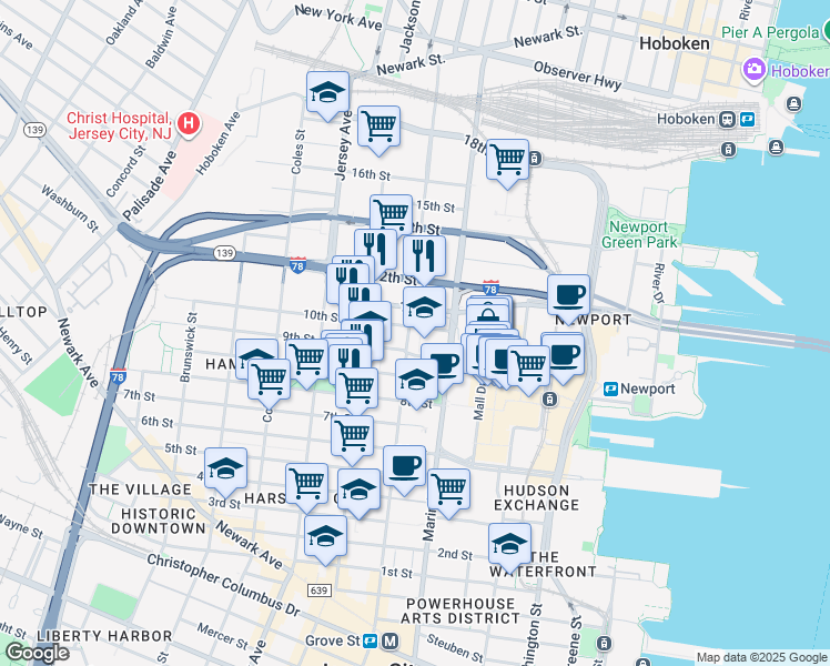 map of restaurants, bars, coffee shops, grocery stores, and more near 526 Manila Avenue in Jersey City