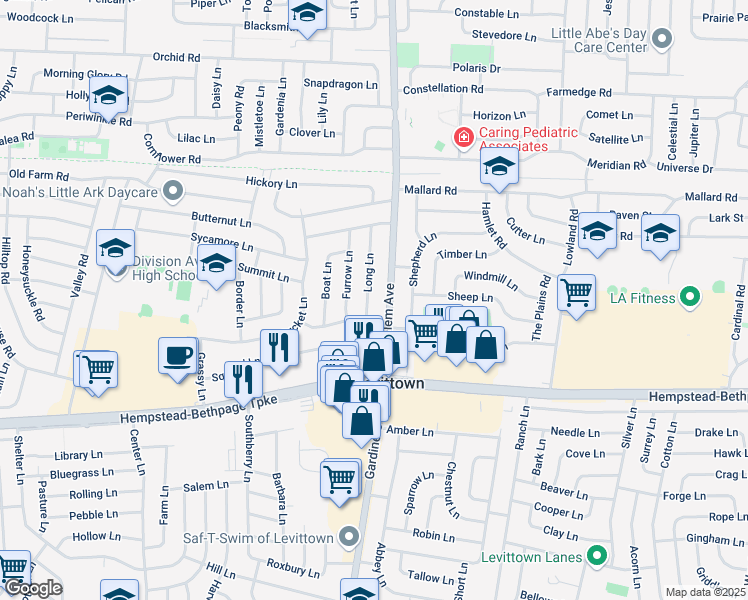 map of restaurants, bars, coffee shops, grocery stores, and more near 51 Long Lane in Levittown
