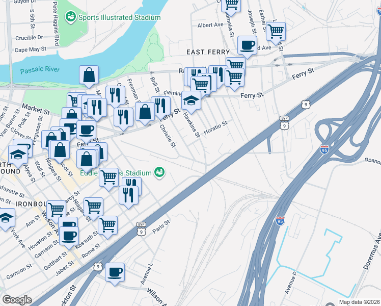 map of restaurants, bars, coffee shops, grocery stores, and more near 135 Christie Street in Newark
