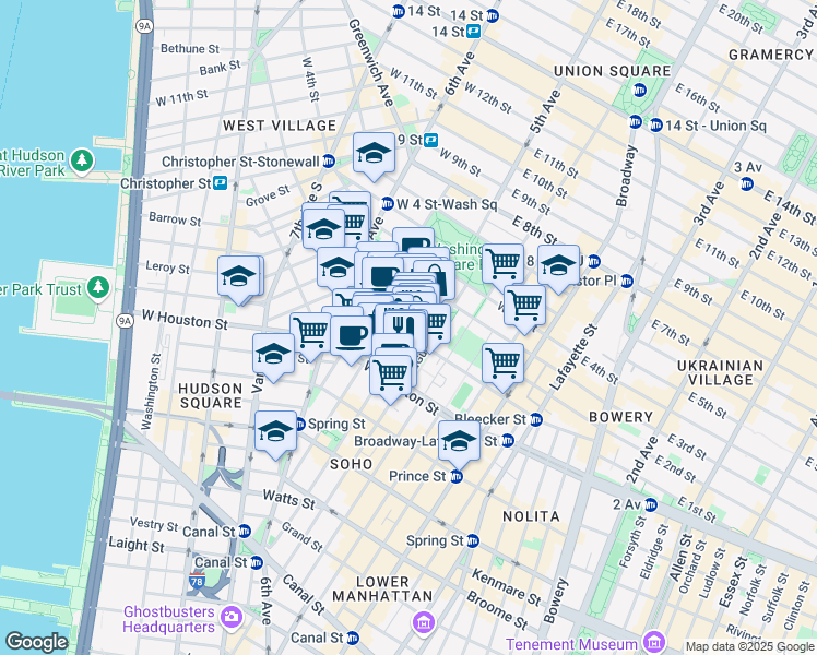 map of restaurants, bars, coffee shops, grocery stores, and more near 155 Bleecker Street in New York