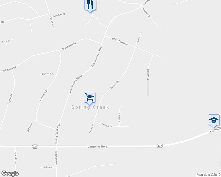 map of restaurants, bars, coffee shops, grocery stores, and more near 523 Frisco Drive in Spring Creek