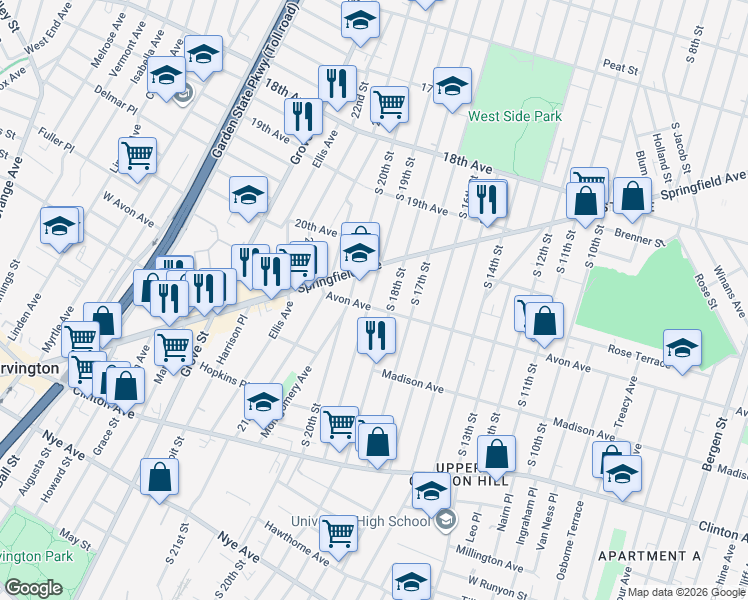 map of restaurants, bars, coffee shops, grocery stores, and more near 489 Avon Avenue in Newark