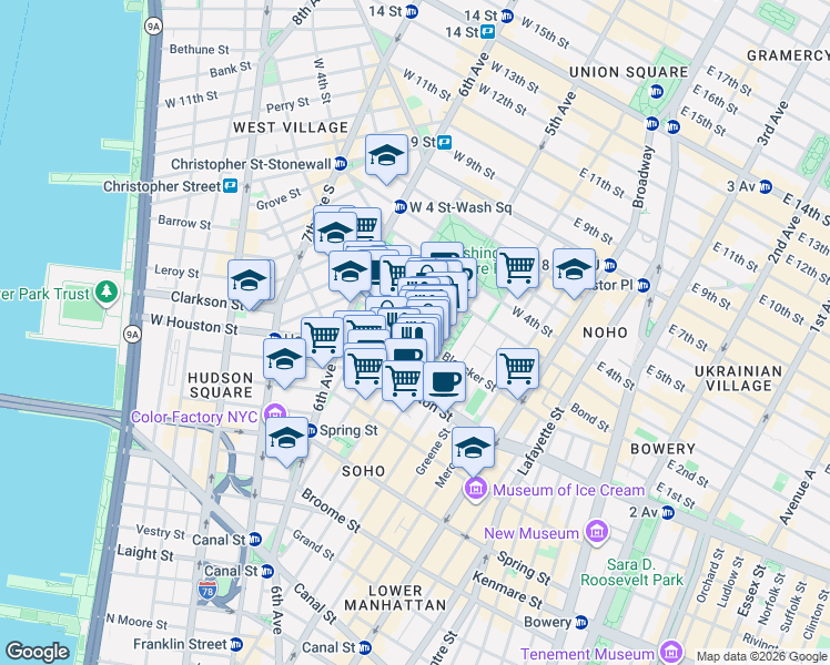 map of restaurants, bars, coffee shops, grocery stores, and more near in New York