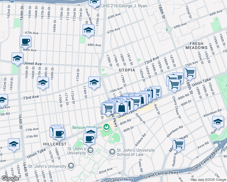 map of restaurants, bars, coffee shops, grocery stores, and more near 178-2 75th Avenue in Queens