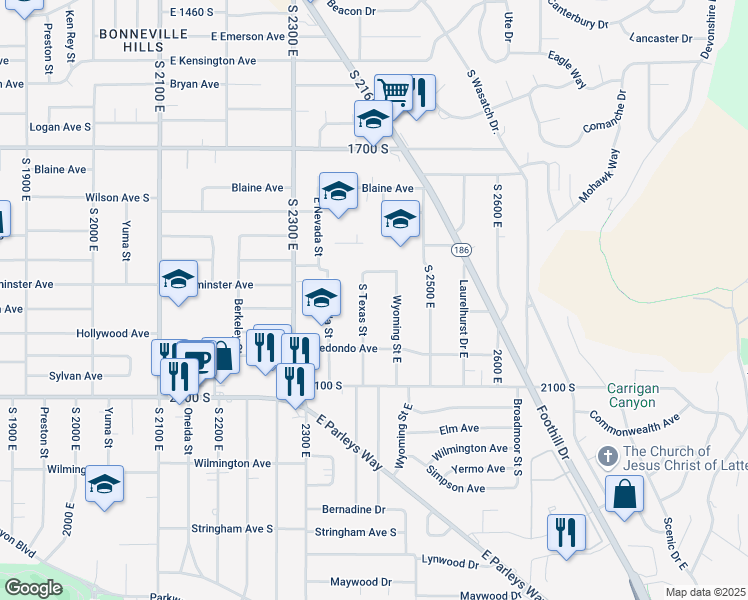 map of restaurants, bars, coffee shops, grocery stores, and more near 1909 South Texas Street in Salt Lake City