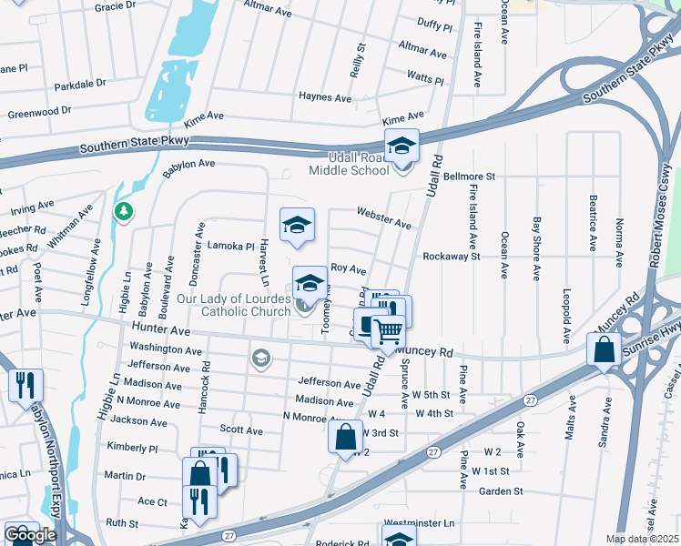 map of restaurants, bars, coffee shops, grocery stores, and more near 206 Douglas Avenue in West Islip