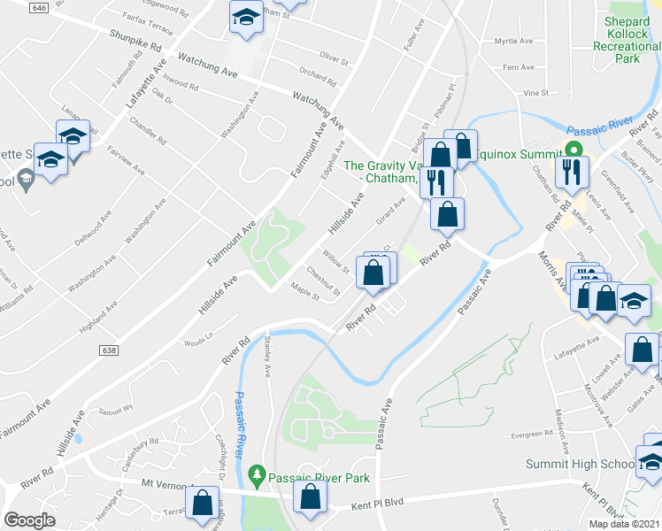 map of restaurants, bars, coffee shops, grocery stores, and more near 12 Willow Street in Chatham Township