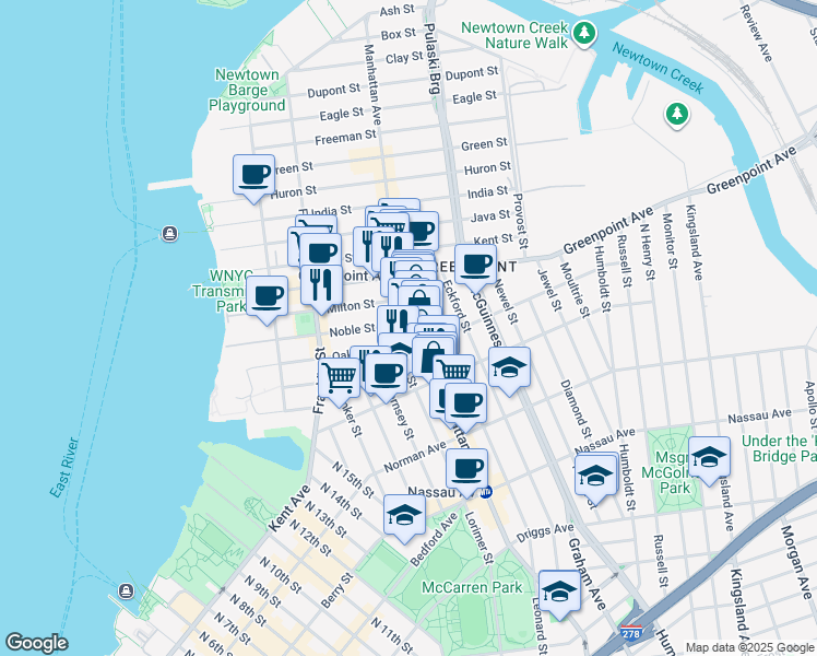 map of restaurants, bars, coffee shops, grocery stores, and more near 1097 Lorimer Street in Brooklyn