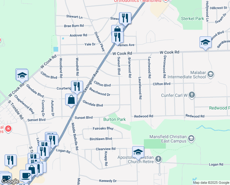 map of restaurants, bars, coffee shops, grocery stores, and more near 476 Beechwood Drive in Mansfield