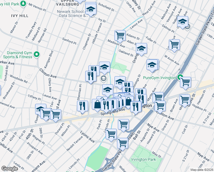 map of restaurants, bars, coffee shops, grocery stores, and more near 1230 Clinton Avenue in Irvington