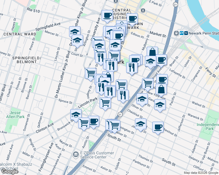 map of restaurants, bars, coffee shops, grocery stores, and more near 16 East Kinney Street in Newark