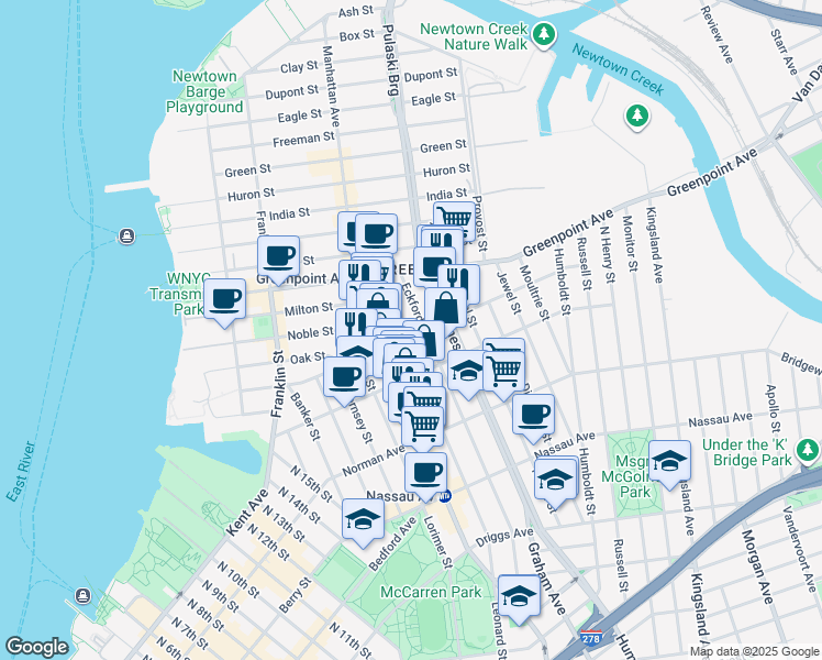map of restaurants, bars, coffee shops, grocery stores, and more near 257 Eckford Street in Brooklyn