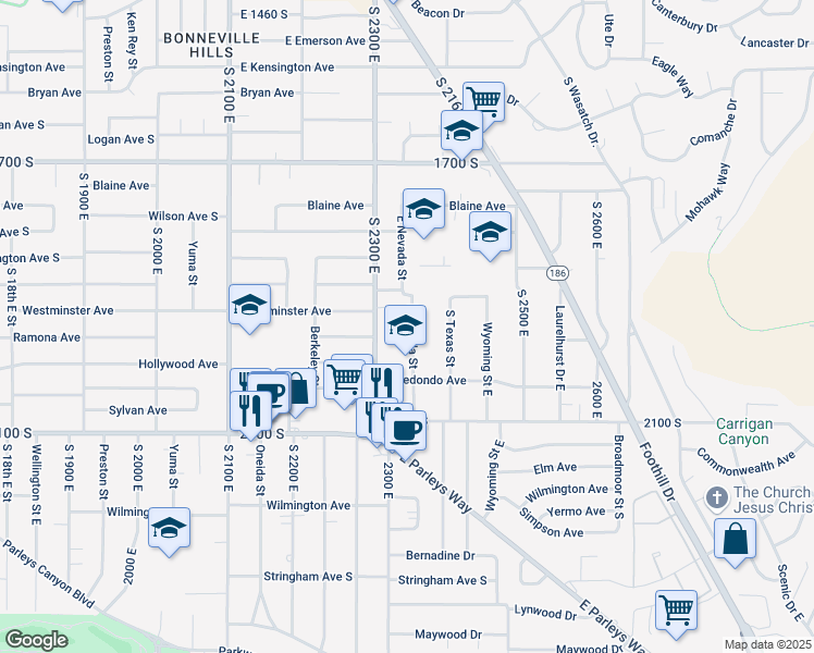 map of restaurants, bars, coffee shops, grocery stores, and more near 1912 East Nevada Street in Salt Lake City