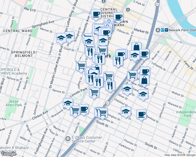 map of restaurants, bars, coffee shops, grocery stores, and more near 16 East Kinney Street in Newark