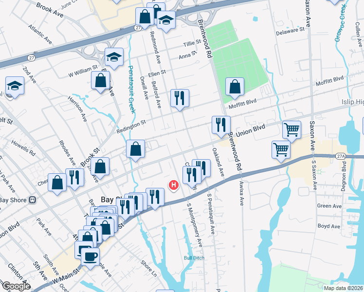 map of restaurants, bars, coffee shops, grocery stores, and more near 39 Montgomery Avenue in Bay Shore