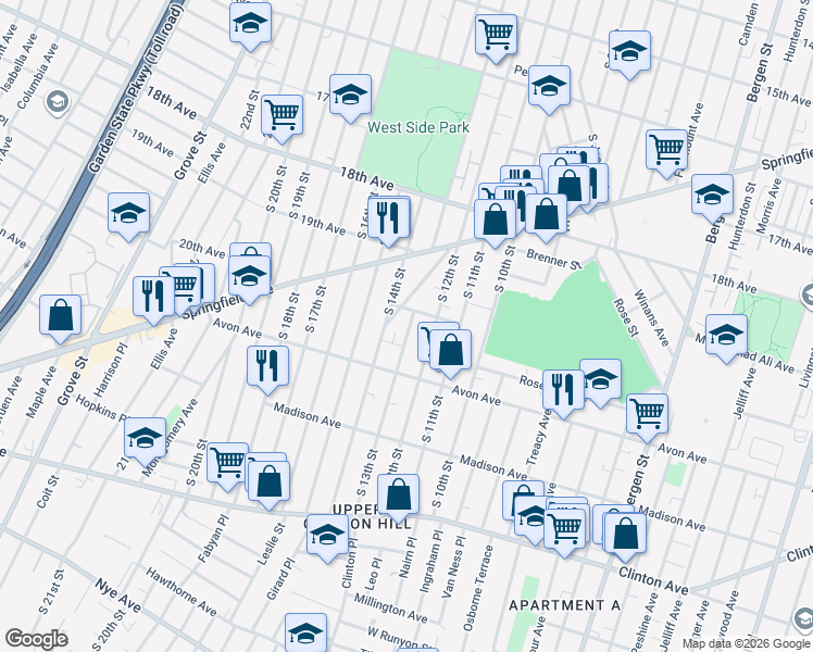 map of restaurants, bars, coffee shops, grocery stores, and more near 739 South 12th Street in Newark