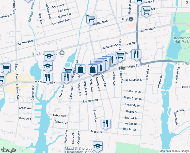 map of restaurants, bars, coffee shops, grocery stores, and more near 28 Monell Avenue in Islip