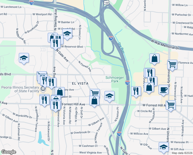 map of restaurants, bars, coffee shops, grocery stores, and more near 3306 North Finnell Avenue in Peoria