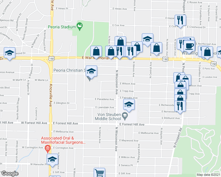 map of restaurants, bars, coffee shops, grocery stores, and more near 611 East Tripp Avenue in Peoria