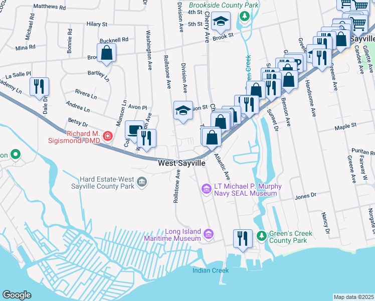 map of restaurants, bars, coffee shops, grocery stores, and more near 112 Main Street in West Sayville