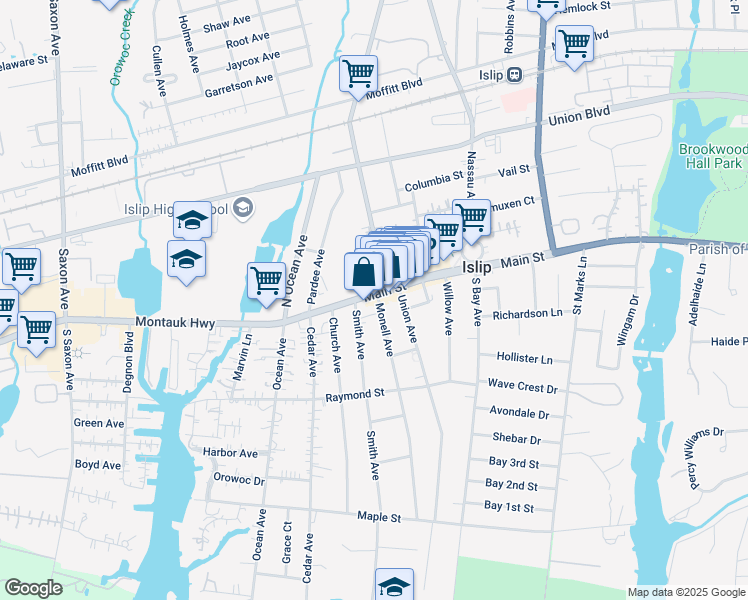 map of restaurants, bars, coffee shops, grocery stores, and more near 28 Monell Avenue in Islip