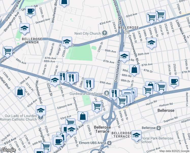 map of restaurants, bars, coffee shops, grocery stores, and more near 89-06 240th Street in Queens