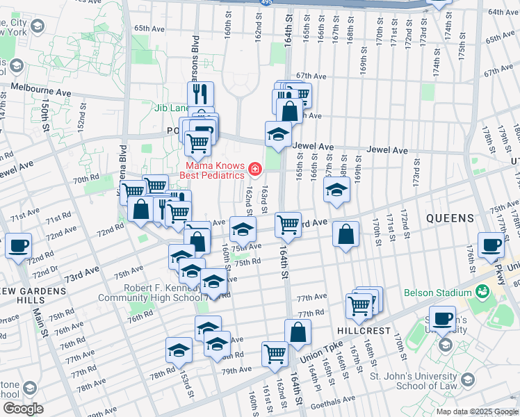 map of restaurants, bars, coffee shops, grocery stores, and more near 162-27 73rd Avenue in Queens