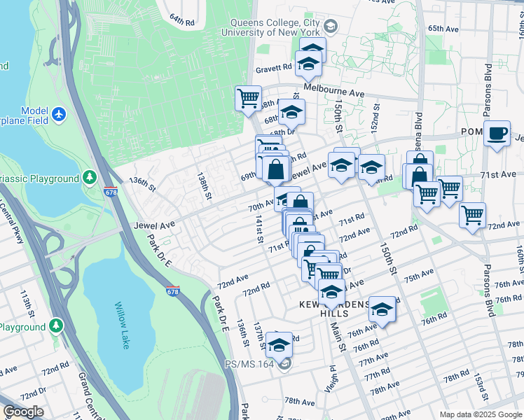 map of restaurants, bars, coffee shops, grocery stores, and more near 141-14 70th Road in Queens
