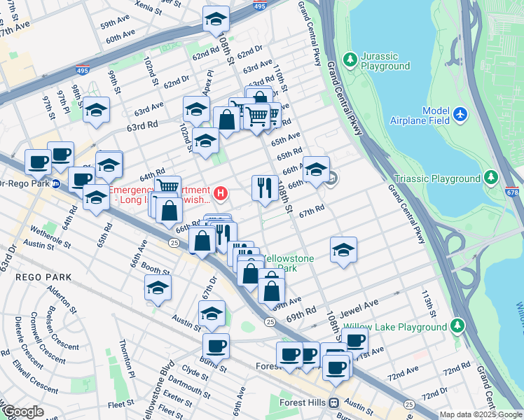 map of restaurants, bars, coffee shops, grocery stores, and more near 67-12 Yellowstone Boulevard in Queens